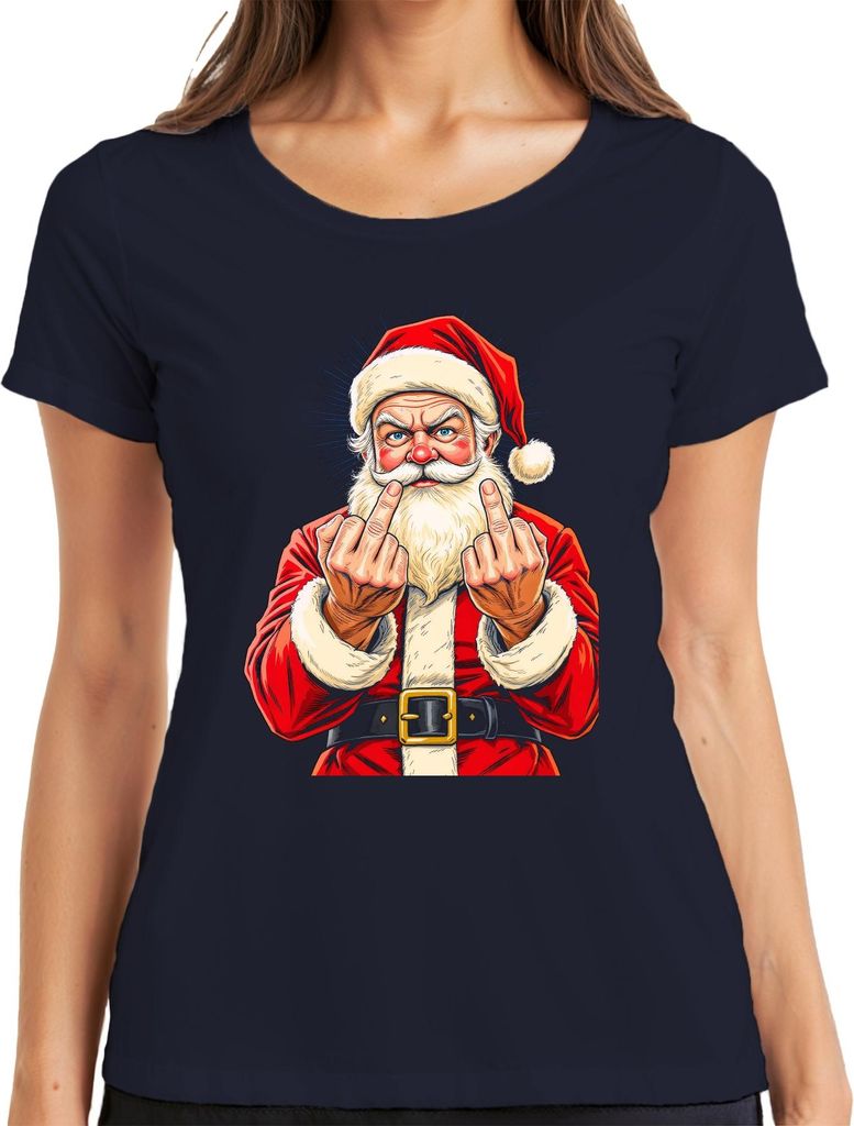 Frecher Weihnachtsmann Mittelfinger Sarkastisch Lustig Geschenk Damen T-Shirt, Navy, S