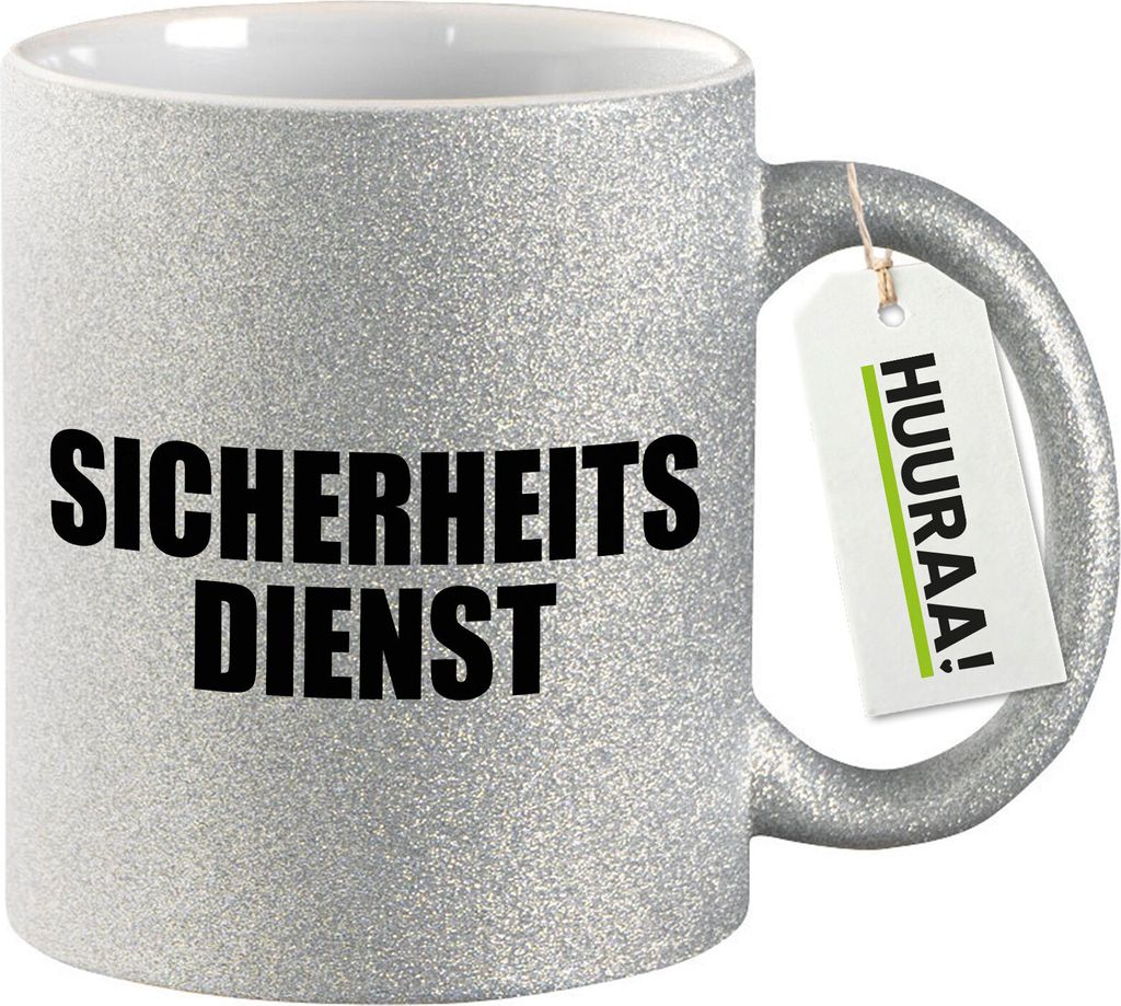 Huuraa Glitzertasse Sicherheitsdienst Schriftzug 330ml Silber Keramik Kaffeebecher Geschenkidee