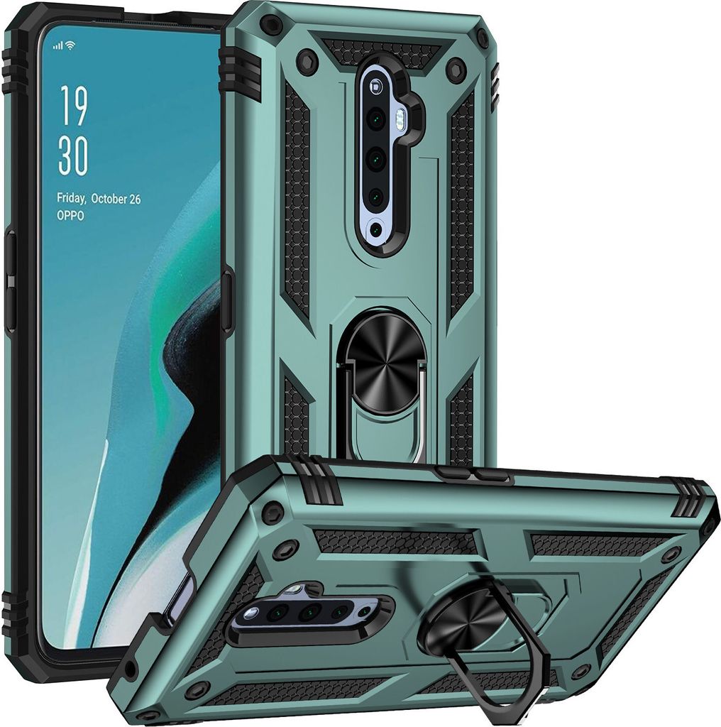 Oppo Reno 2Z Hülle, Dual Layer Robust Militäre Schutzhülle mit Ringhalterung Ständer für Oppo Reno2 Z / Reno2 F Grün