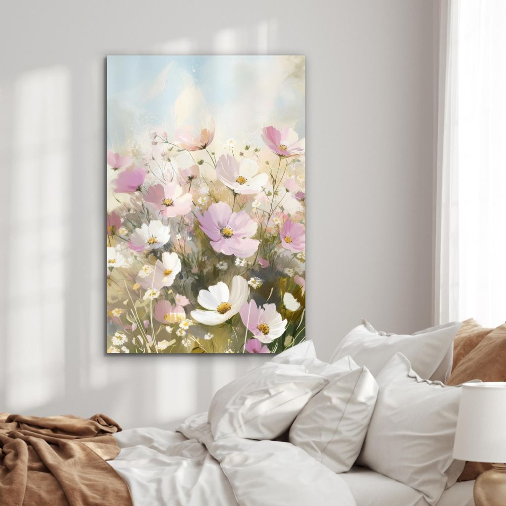 MuchoWow Wanddekoration Metall Metallbild Wandkunst 80x120 cm Blumenfeld - Helle Farbtöne - Gemalt MuchoWow Aluminium Gemälde - Bilder