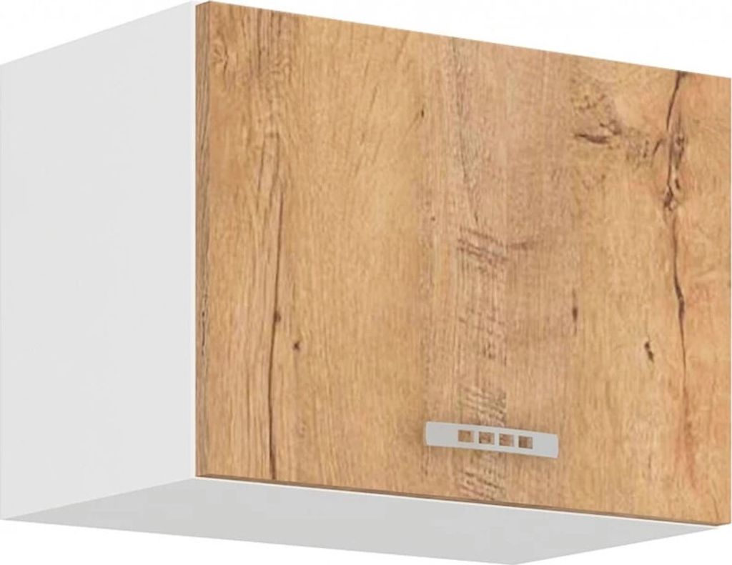 A single kitchen cabinet with a wood-grain door and a white side.