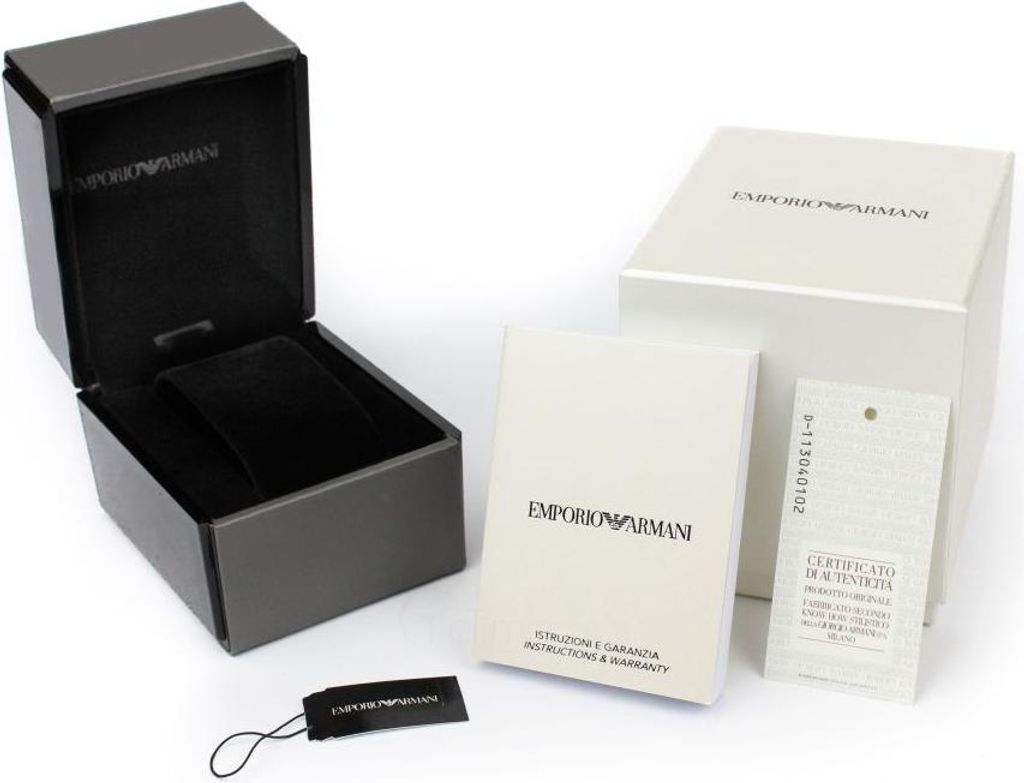 The image shows the packaging and documentation for an Emporio Armani watch.