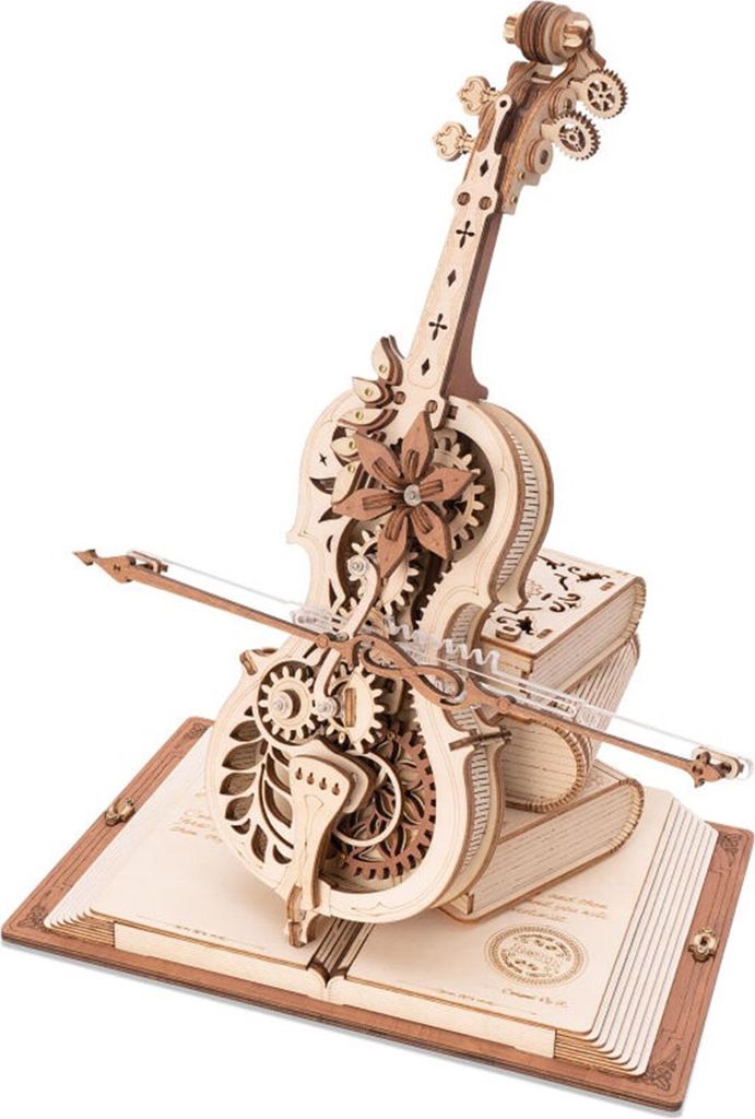 A 3D mechanical wooden cello model with intricate gears and a bow, resting on an open book.