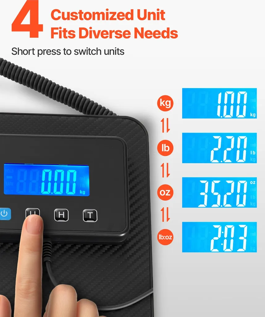 SucceBuy bilancia digitale per pacchi, 10/100g, alta precisione, bilancia a piattaforma da 200 kg con funzione hold/tare e display LCD, ideale per pacchi, affrancature, bagagli, incl. batteria e cavo di ricarica - 3