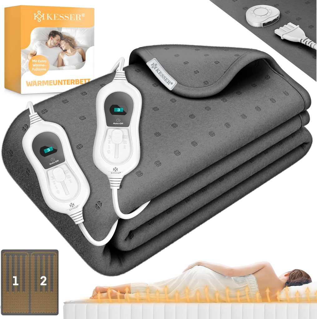 KESSER Wärmeunterbett mit Abschaltautomatik Fernbedienung | Heizdecke mit 3 Temperaturstufen | Wärmebettunterlage fürs Bett Matratzenheizung |...