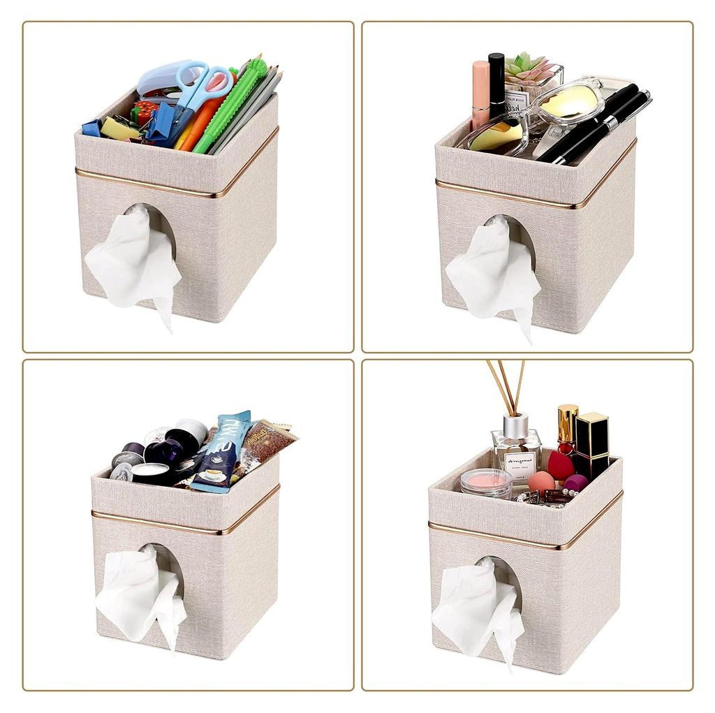 Quadratischer Taschentuchhalter aus Leinen mit oberer Ablage – Tischtuchbox für Haushalt und Büro, Beige