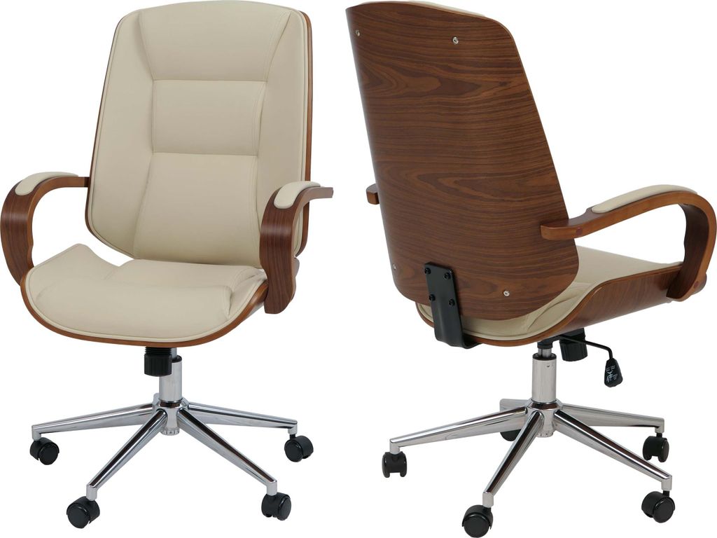 Bürostuhl HWC-O83, Drehstuhl Chefsessel, Kunstleder (280g/m²) Bugholz - Walnuss-Optik creme