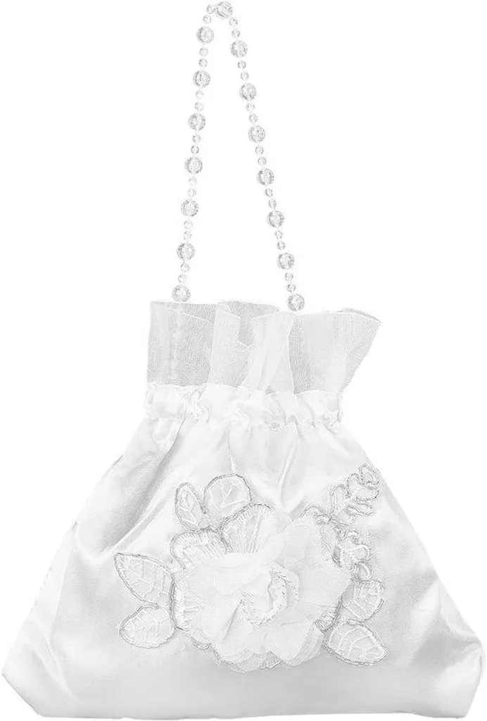 Pochette de mariage blanche en satin brodé pour cérémonie et soirée