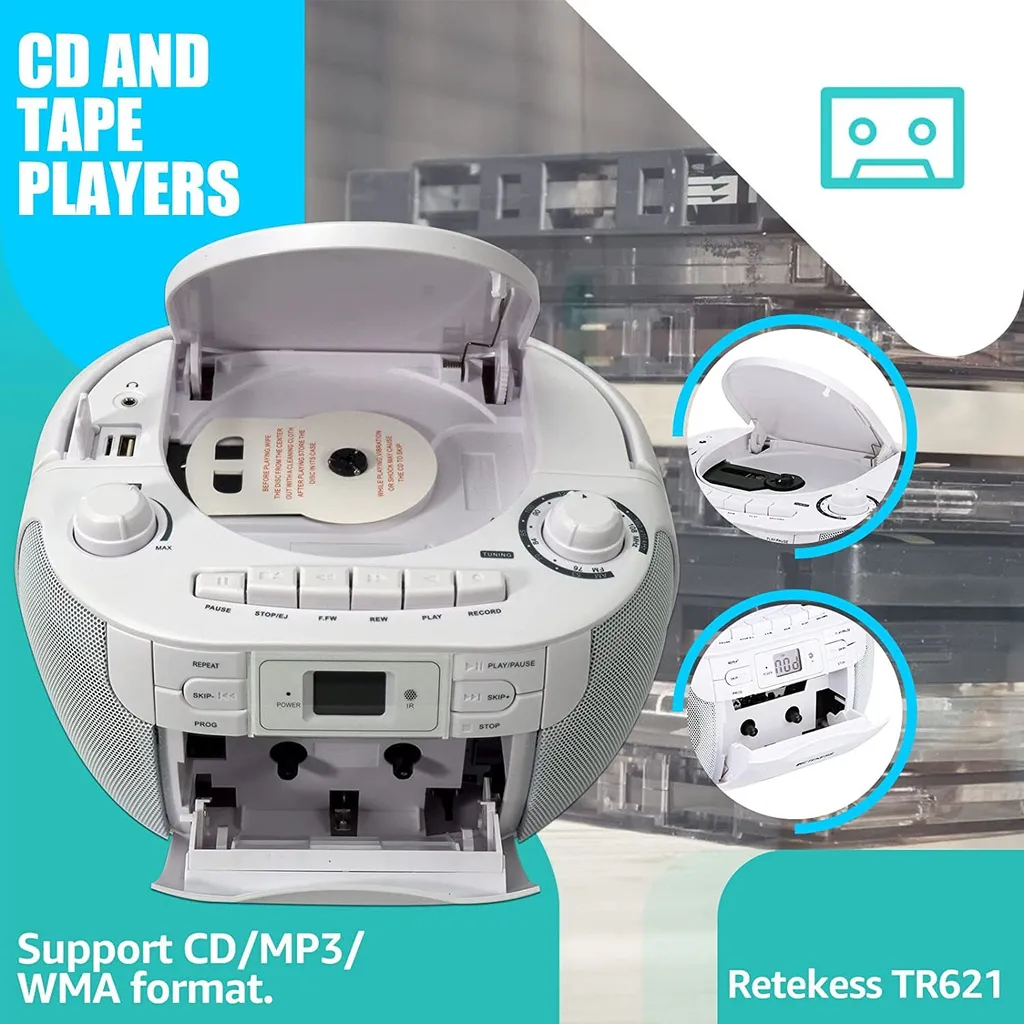 Radio CD Cassette Portable Stéréo avec Port USB et Télécommande - Blanc