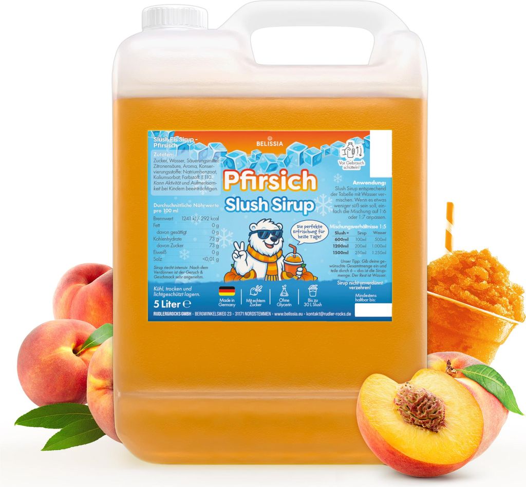 Belissia Slush Eis Sirup 5L Konzentrat | Pfirsich Geschmack | sehr ergiebig in knalligen Farben (1:5) | Glycerin frei