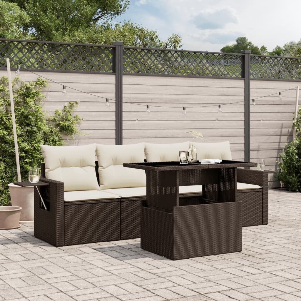 "Rabatt" 5-tlg. Garten-Sofagarnitur - mit sofa - mit Kissen Braun Poly Rattan - Lounge-Dining set CC10434