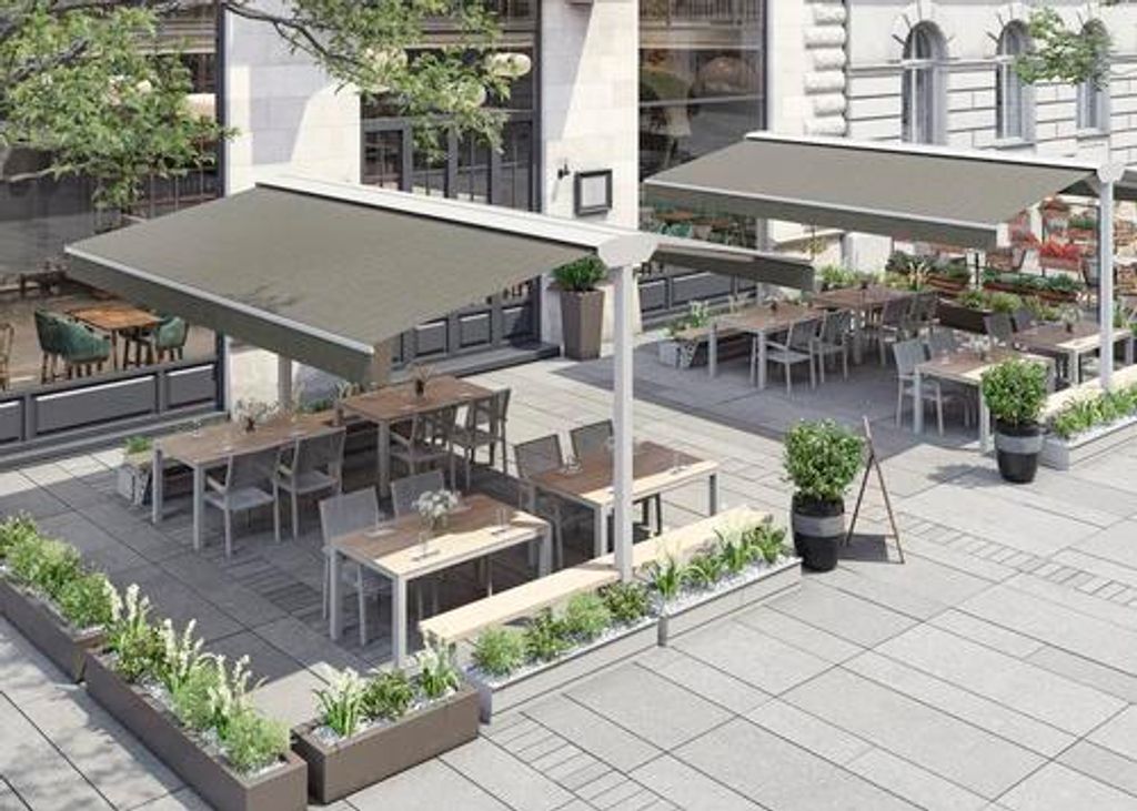 Soluna Standmarkise Duo 300x500 cm Gestellfarbe RAL 9010 reinweiß Stoffdessin U407 inkl. 8x Holzbohlen für Sitzbänke unb