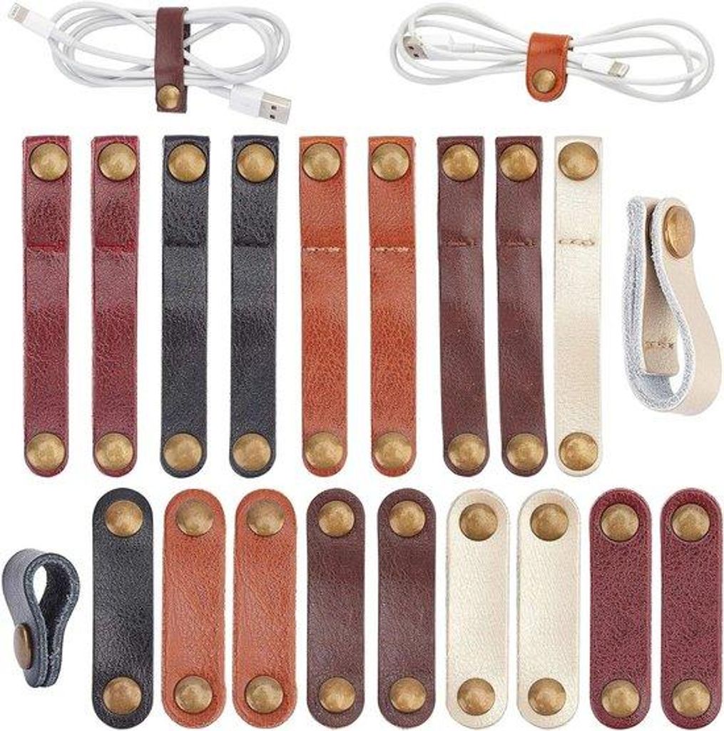 Kabelbinders aus Leder für USB-Kabel und Kopfhörerbänder - 20 Stück, 2 Größen, 5 Farben