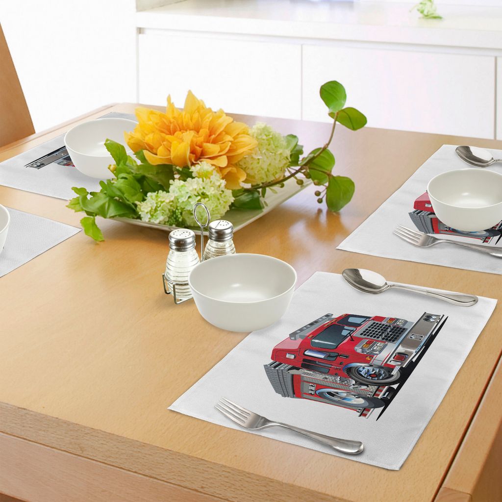 ABAKUHAUS LKW Platzmatten, Karikatur-Art-roter Löschfahrzeug-Notdienste Sicherheit des Stadt-Transportes, Tiscjdeco aus Farbfesten Stoff für das ...