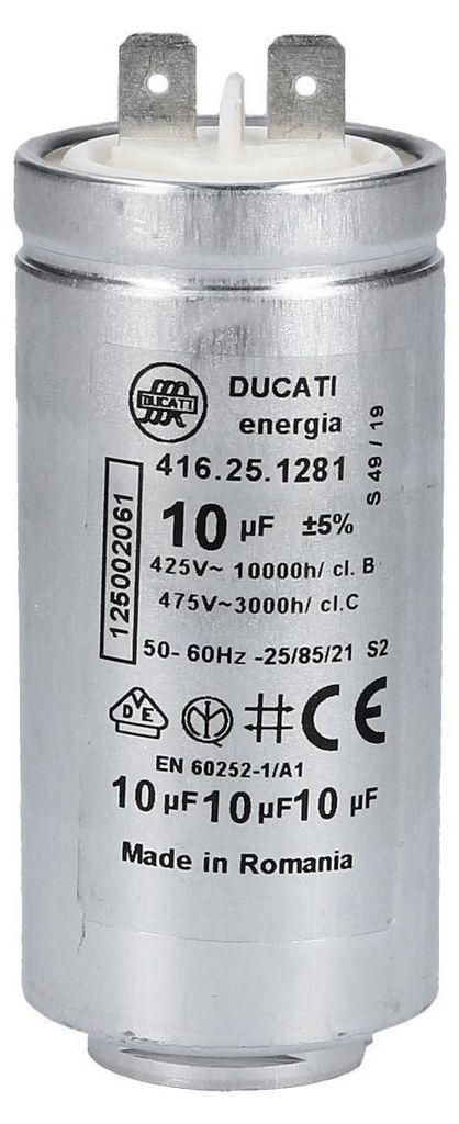 A close-up studio shot of a cylindrical capacitor with electrical markings and branding.