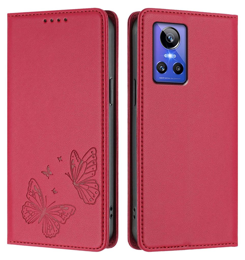 Lederhülle für Realme GT Neo 3, Schmetterling Prägung Leder Brieftasche Schutzhülle mit Ständer Rot