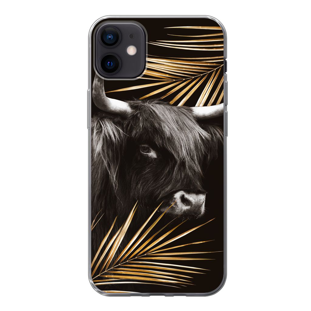 MuchoWow Handyhülle Schutzhülle Hülle für iPhone 12 mini Schottischer Highlander - Blätter - Gold Silikon Softcase Handy Hülle - Bild
