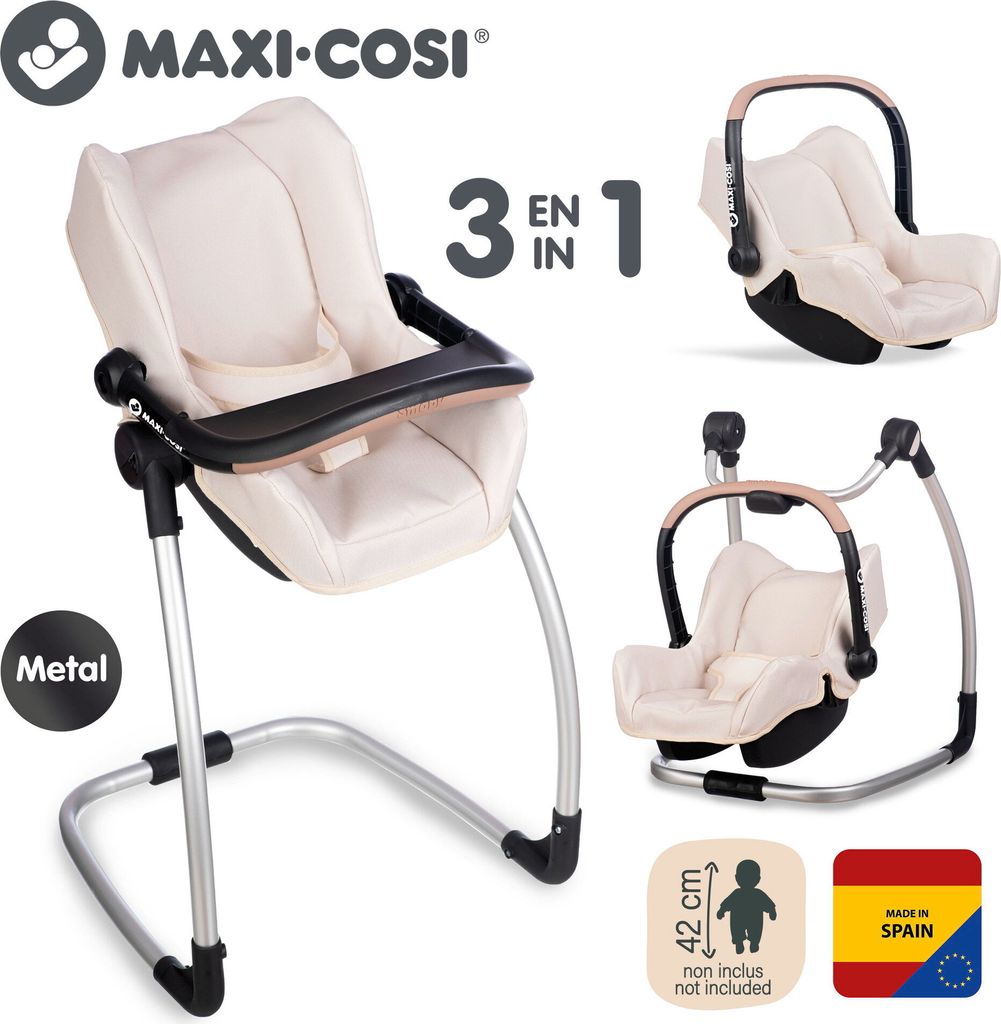 Smoby Maxi-Cosi Puppenhochstuhl 3-in-1 - für Puppen bis 42 cm - umbaubar zu Hochstuhl, Autositz & Schaukelwippe - Spielzeug für Kinder ab 3 Jahren