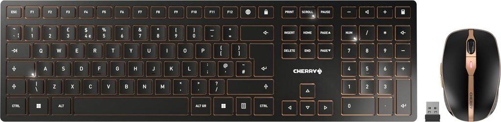 A black and copper wireless keyboard and mouse set on a white background.