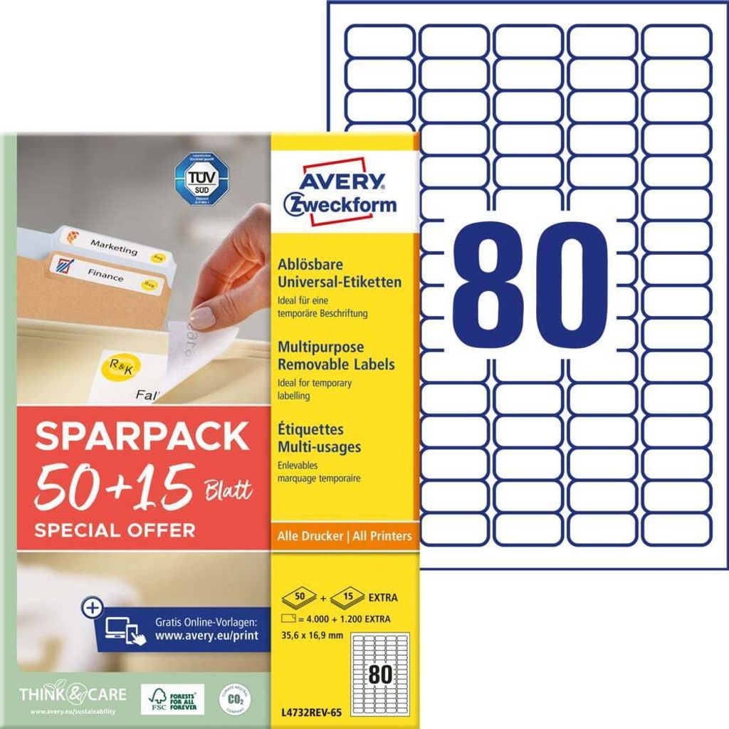Avery Zweckform L4732REV-65, Universal-Etiketten, A4, 35,6 Produktbild 
