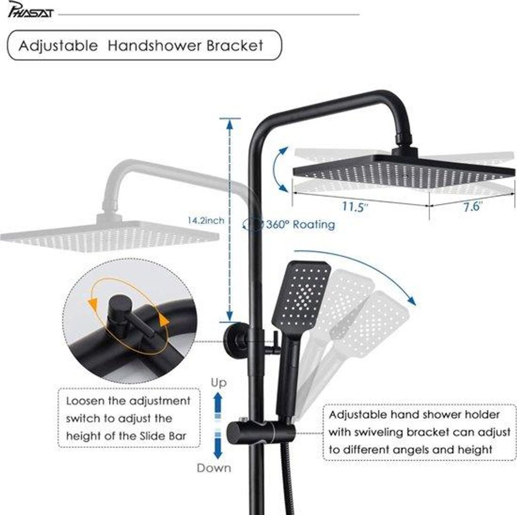 Thermisches Duschsystem - Schwarze offene Duscharmatur - 3 Funktionen - Regendusche - Handdusche - Badwannenfüller - SB07E