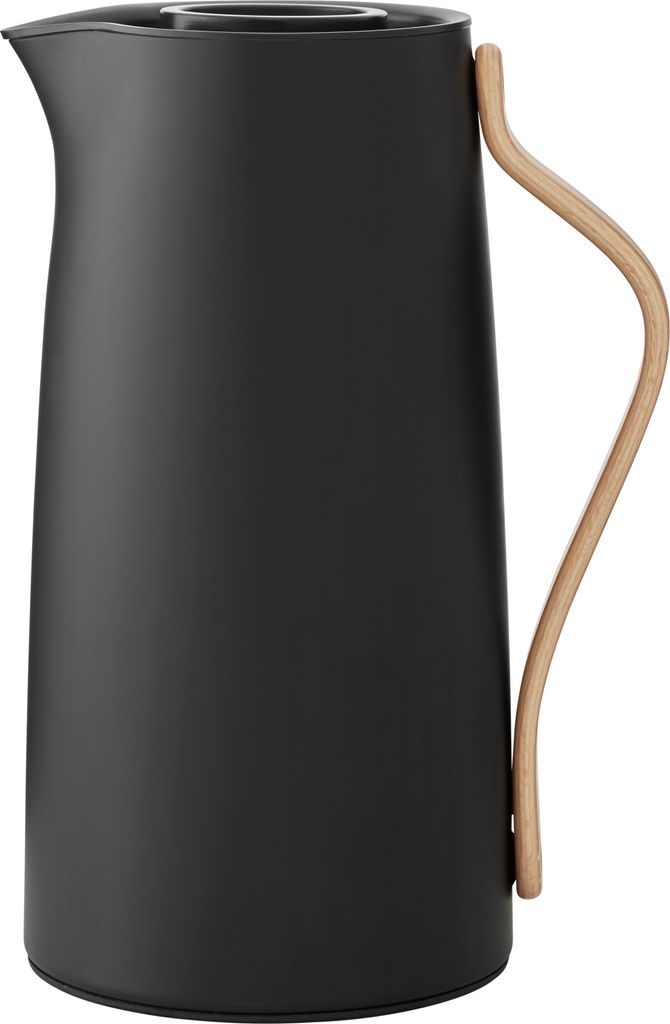 A black insulated carafe with a light wood handle is shown against a white background.