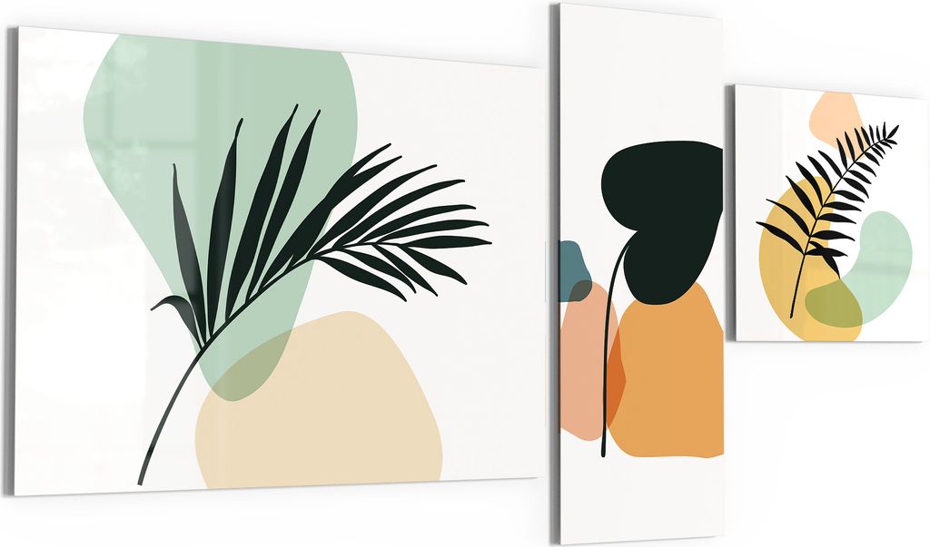 DEQORI Glasbilder 3-tlg 150x80 cm 'Blattsilhouetten' Wandbilder XXL groß
