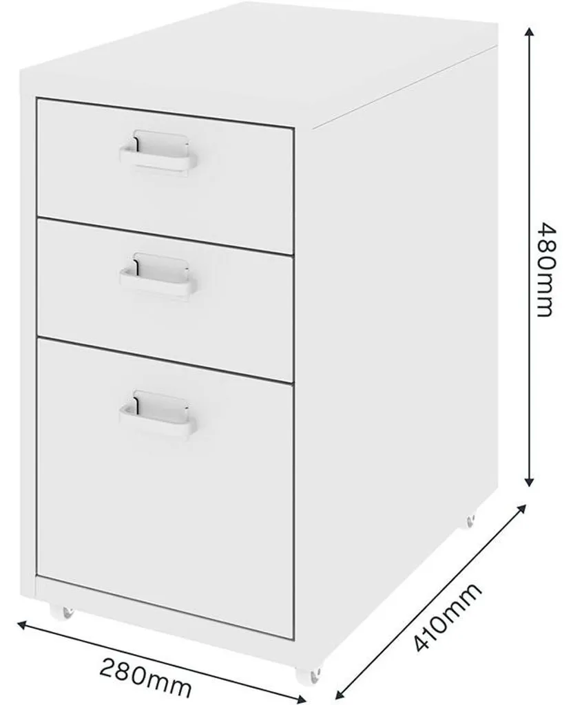 Caisson de rangement blanc sur roulettes avec 3 tiroirs de bureau