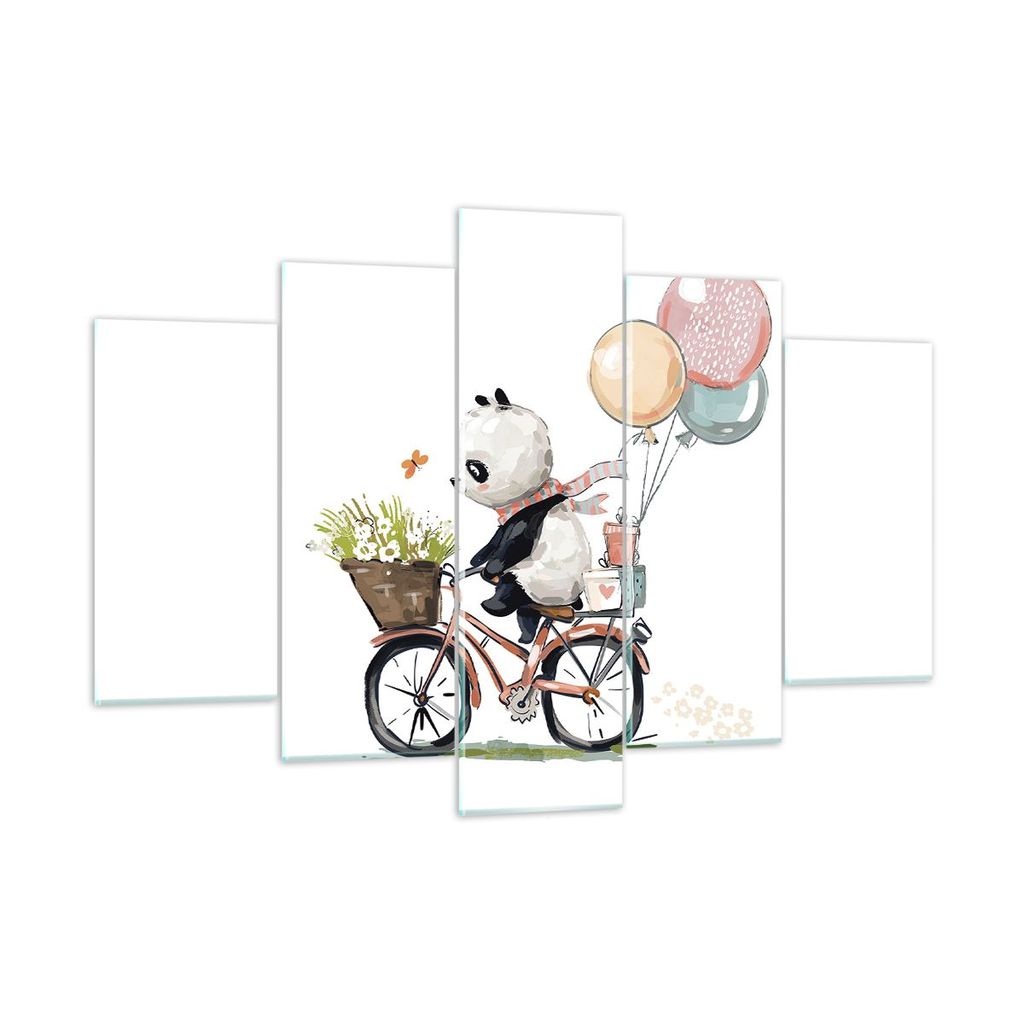 Bilder auf glas - 5 Teile - Panda Fahrrad Kinder - 150x100cm - Glasbilder - Wandbilder - Bilder - zum Aufhängen bereit - Wanddekoration aus Glas -...