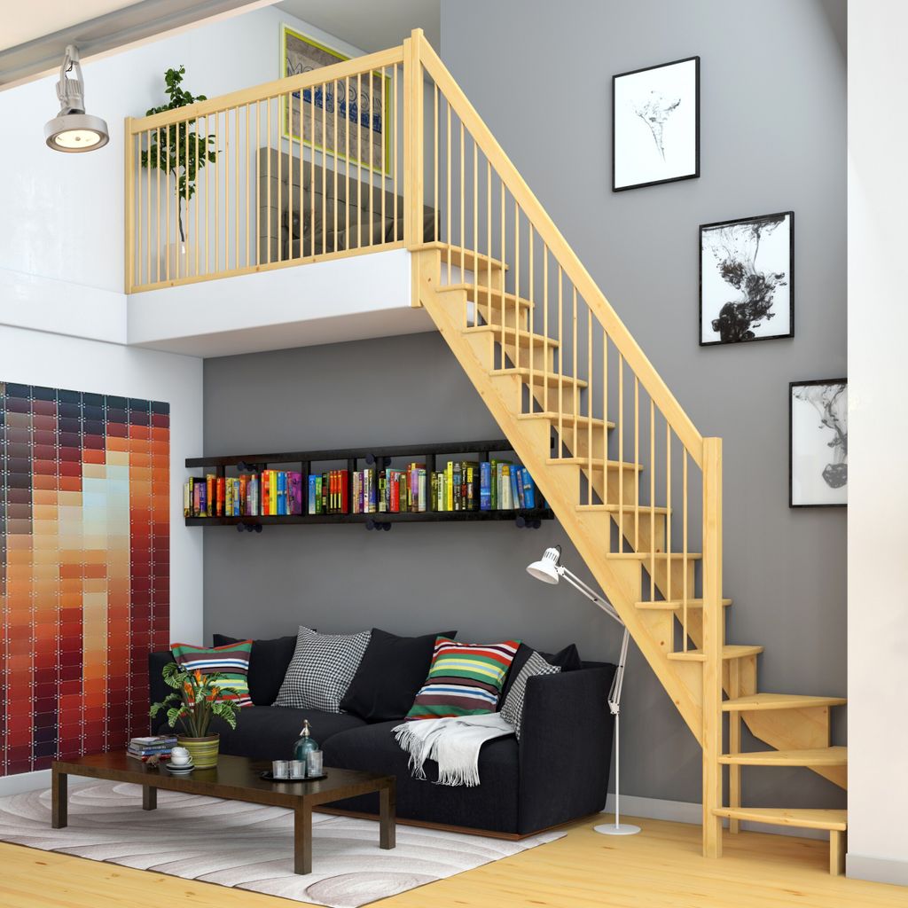 Dolle Raumspartreppe Lyon inkl. einseitigem Geländer Kiefer unbehandelt Treppenlauf 1/4 gewendelt unten links 75cm breit Holzstäbe