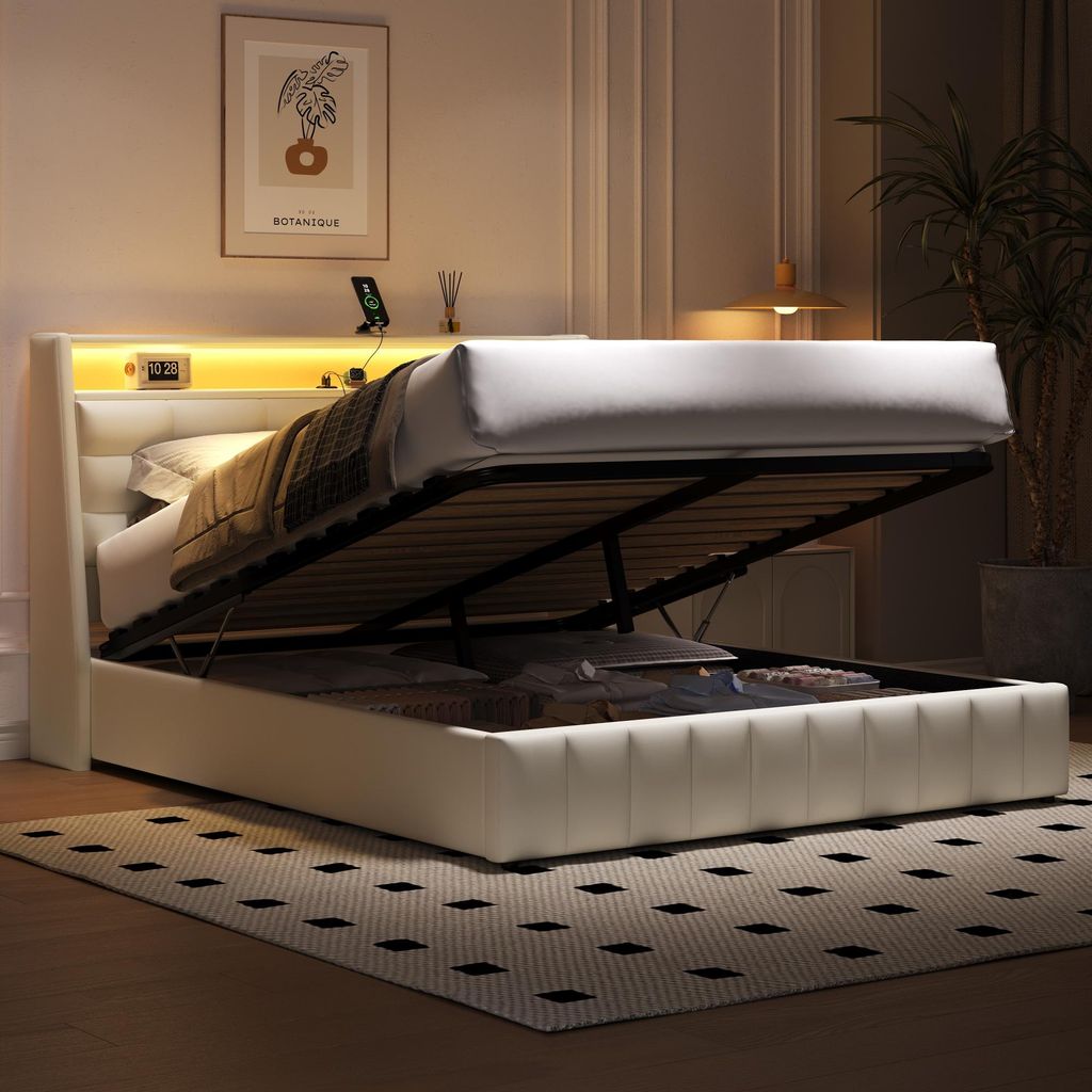 160 x 200 gepolstertes Plattformbett mit LED-Licht und USB, Stauraum darunter, verstellbaren Kopfteilkissen, weiß