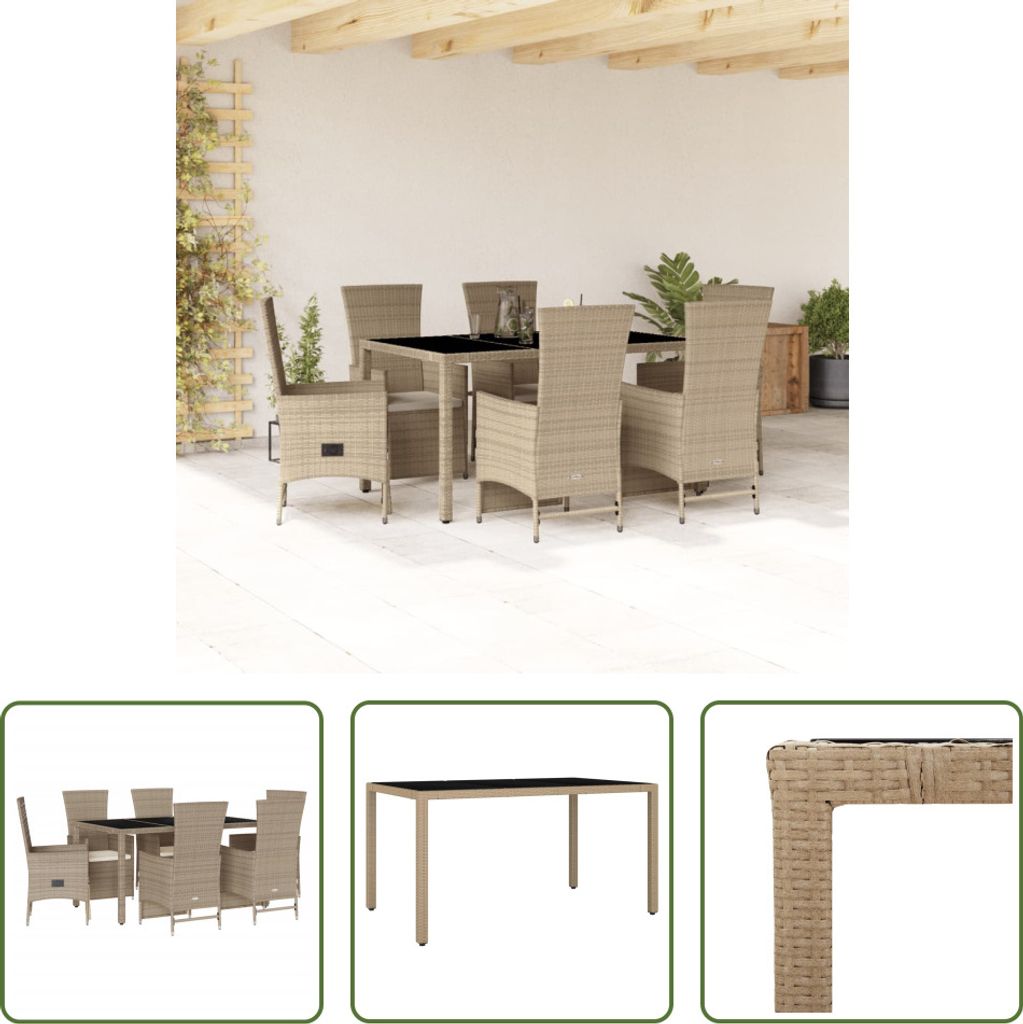 The Living Store 7-tlg. Garten-Essgruppe mit Kissen Beige Poly Rattan