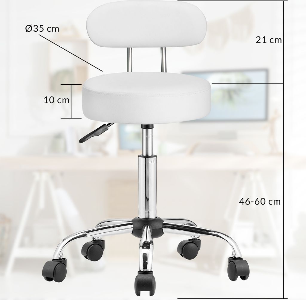 Taburetka na kolieskach s operadlom ROLAND, Ø35cm, biela Obrázok produktu 7