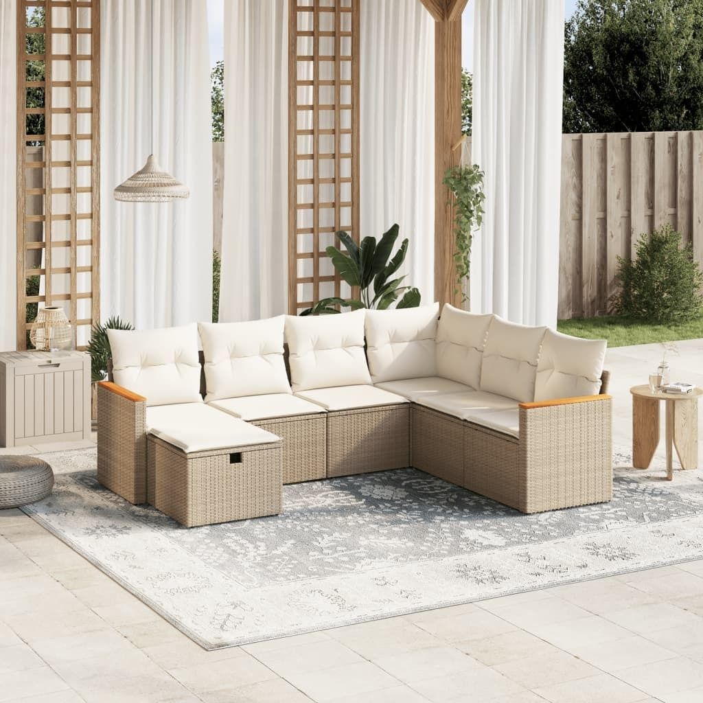 7-tlg. Garten-Sofagarnitur - mit Kissen Beige Poly Rattan - Gartenmöbelset 3265328