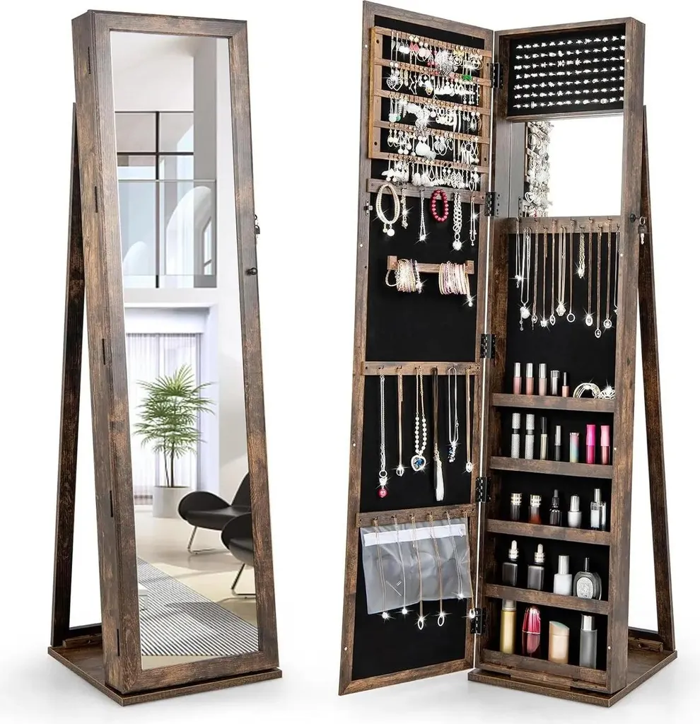 Rangement bijoux et miroir en pied pour chambre, bois sombre, gain de place