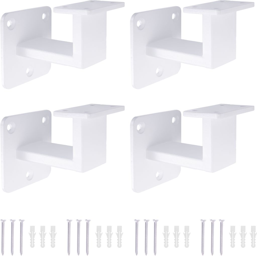Four white handrail brackets and screws are arranged on a white background.