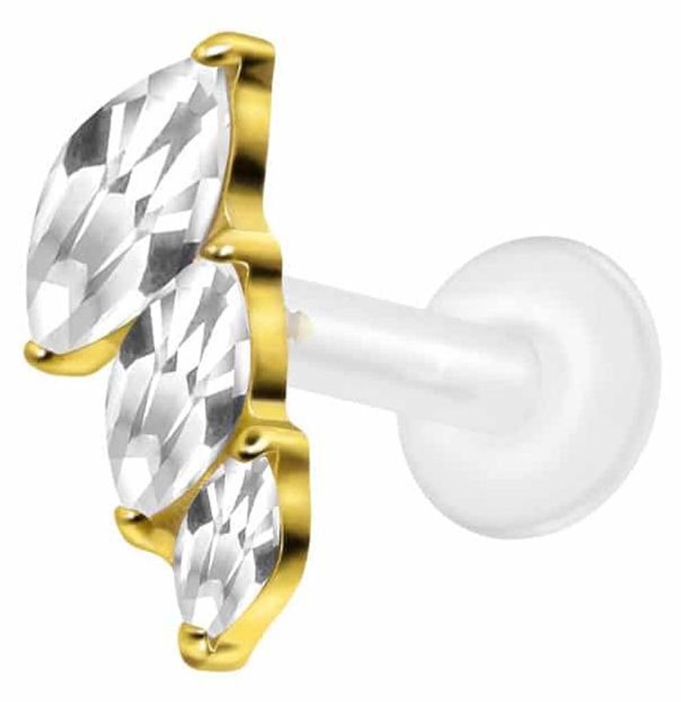 Ohrpiercing, Nasenpiercing PTFE Labret mit Innengewinde + Titan-Aufsatz 3 EINGEFASSTE KRISTALLTROPFEN Gold Stablänge: 10mm | Stabstärke: 1,6mm