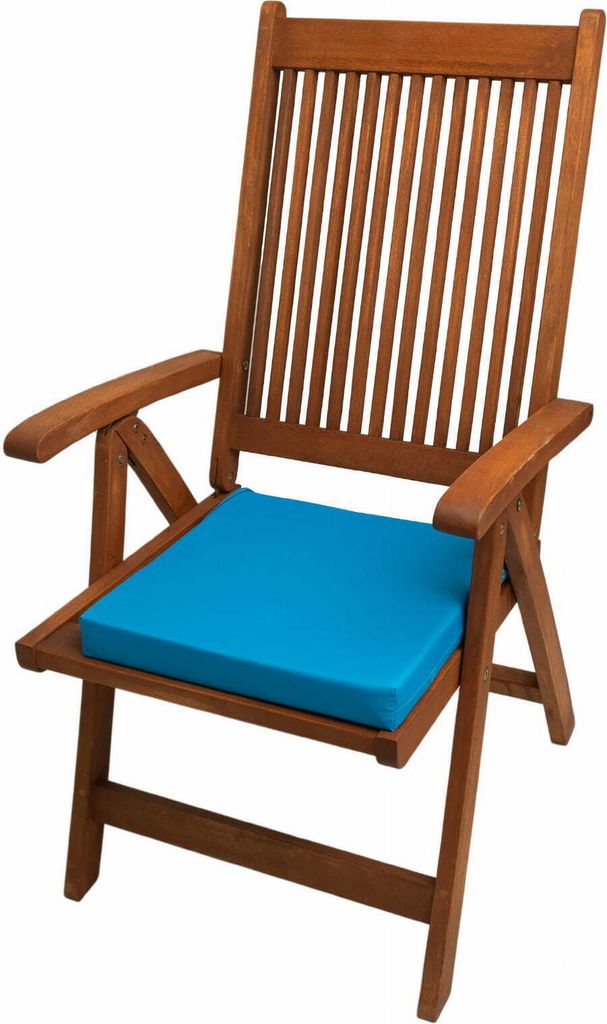 A wooden garden chair with a blue cushion, photographed against a white background.