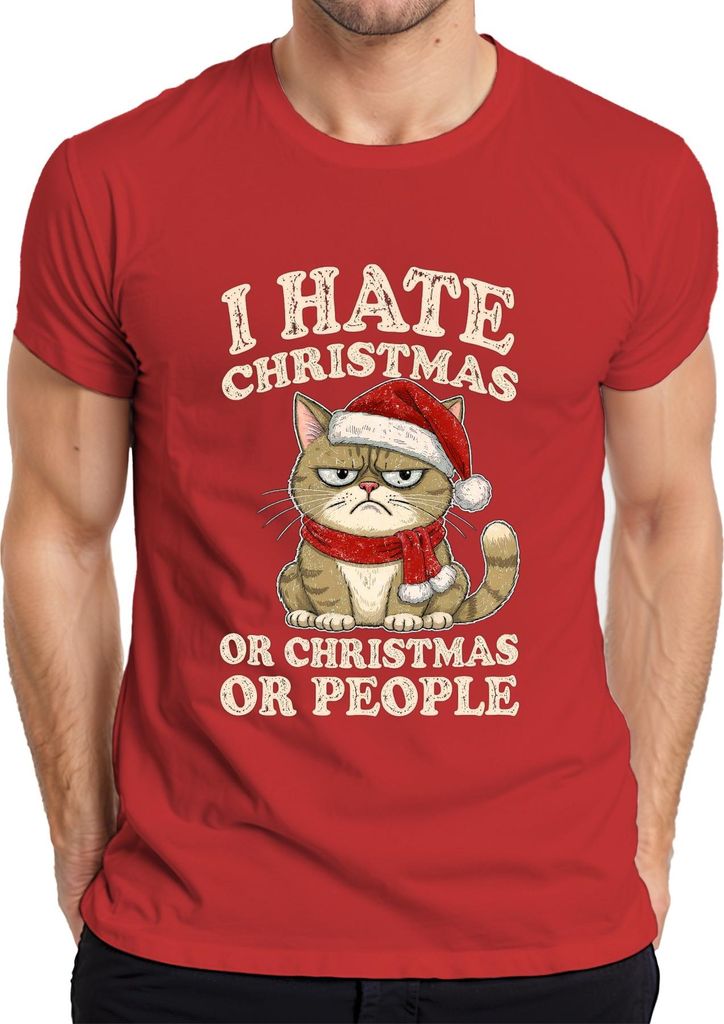 I HATE CHRISTMAS OR CHRISTMAS OR PEOPLE lustige katze sarkastisch Herren T-Shirt, Rot, XXL