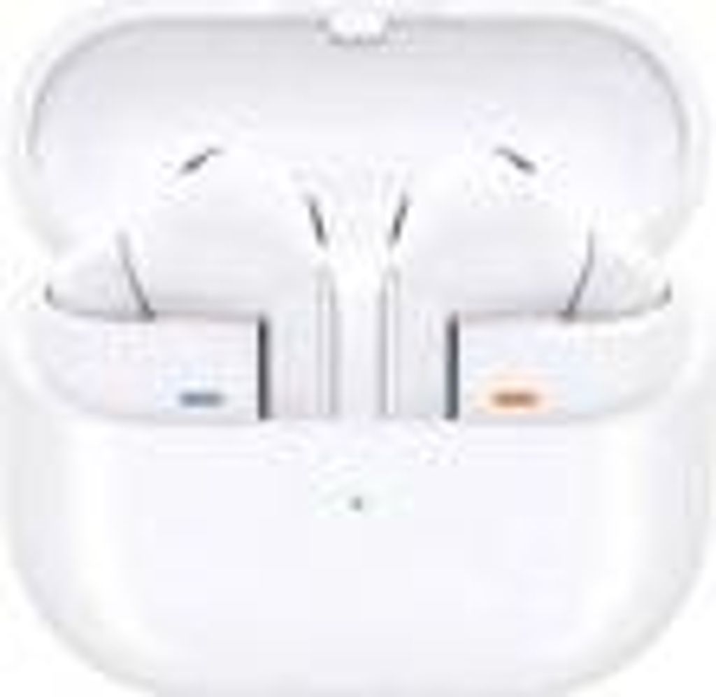 A pair of white wireless earbuds in their charging case.