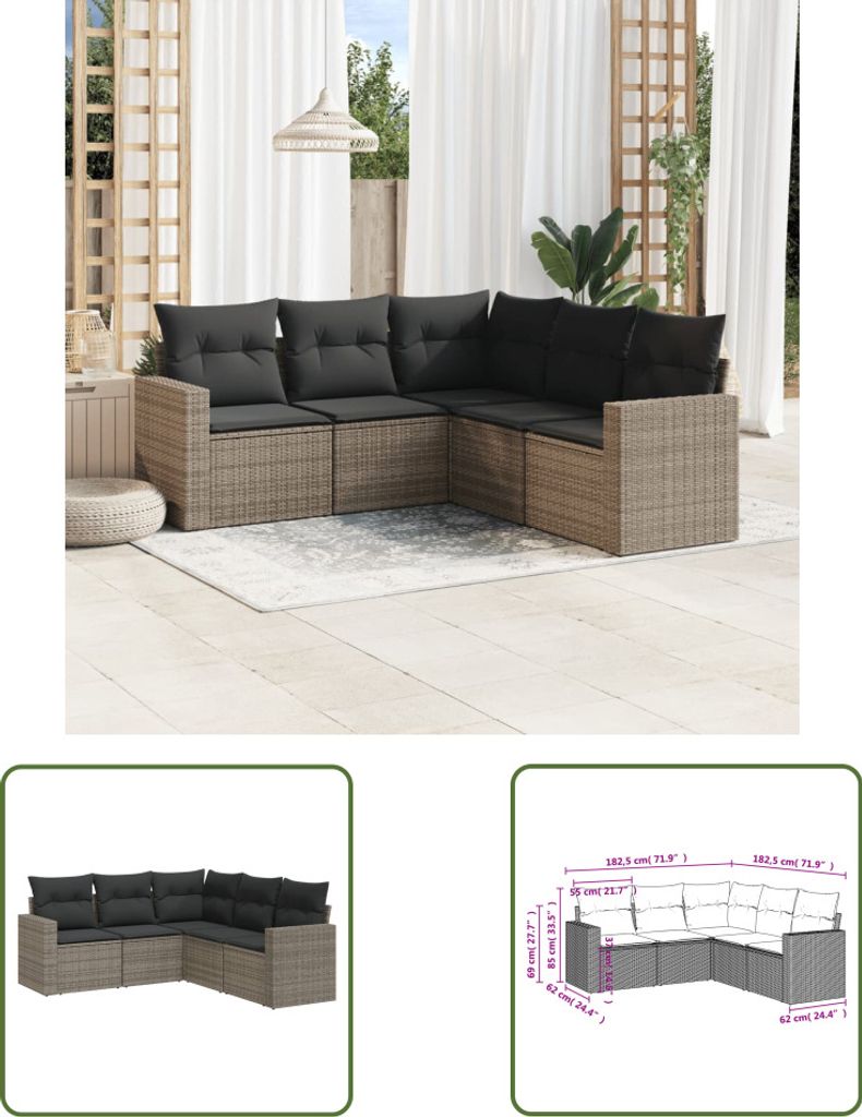 The Living Store 5-tlg. Garten-Sofagarnitur mit Kissen Grau Poly Rattan