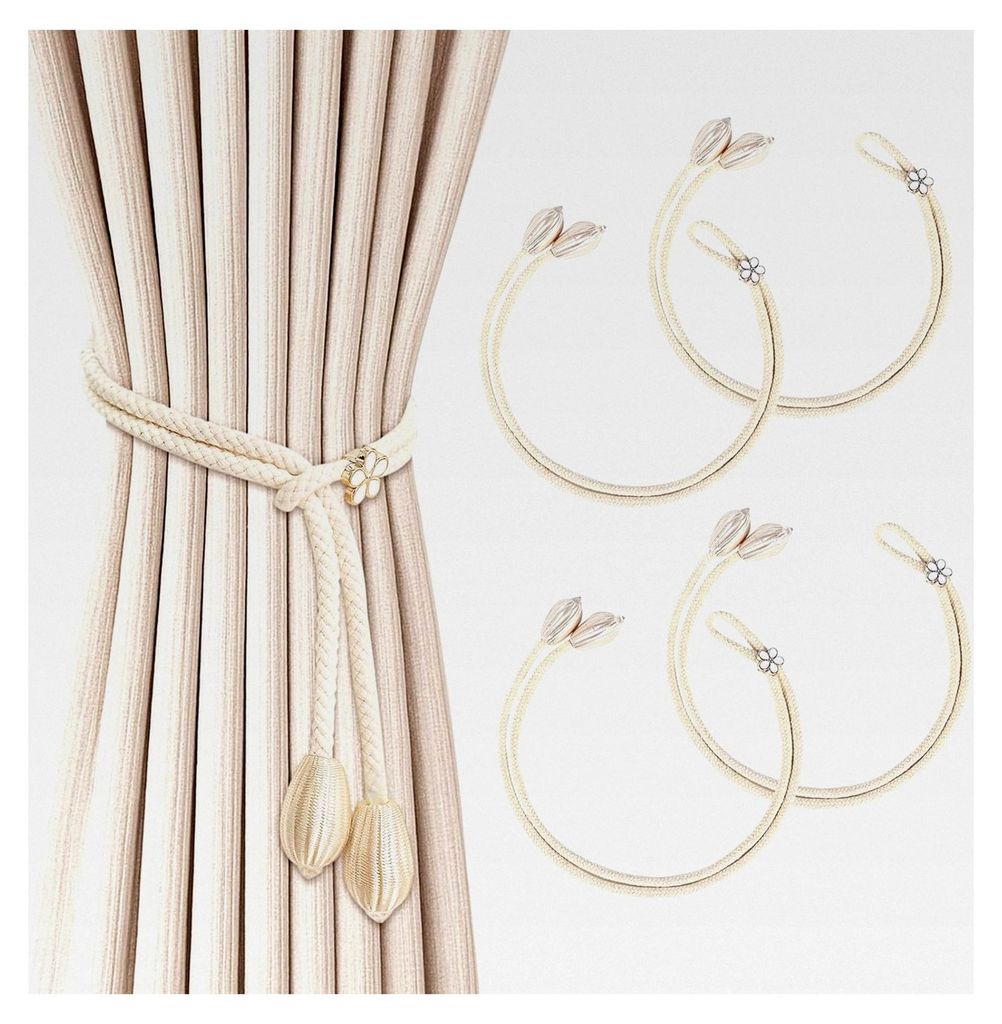 4 Stück Raffhalter aus Seil mit Metallblume und Tropfenanhänger – verstellbar für Wohnzimmer, Schlafzimmer und Badezimmer