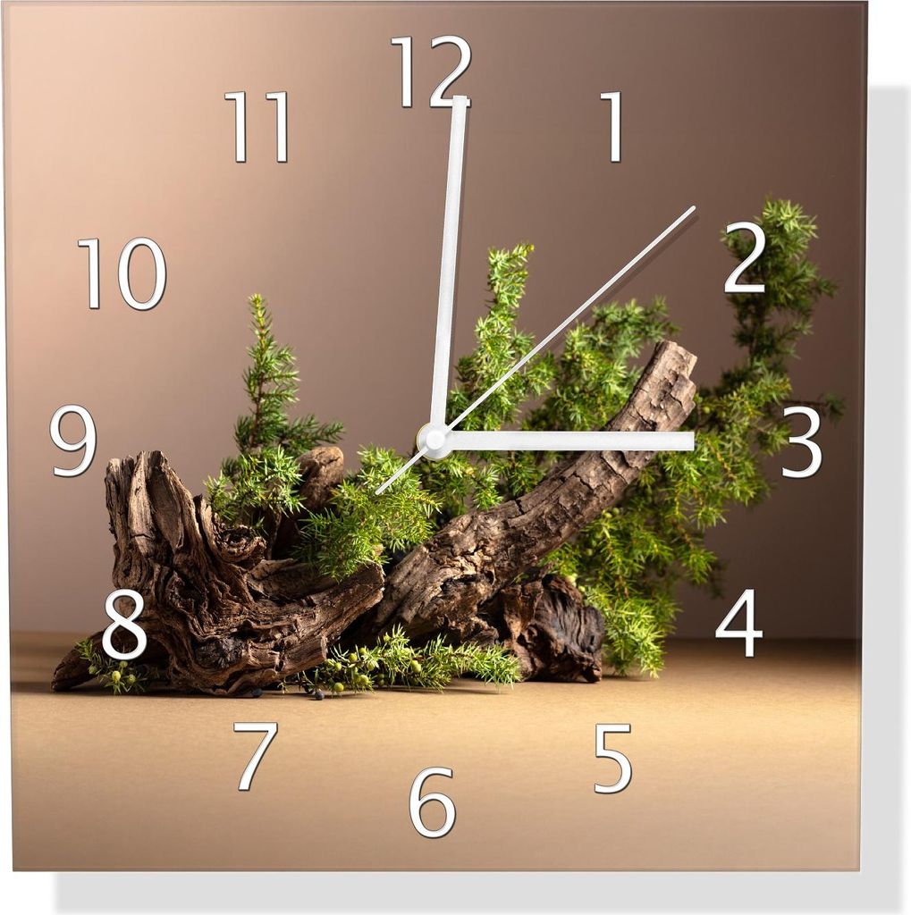Wallario Design Wanduhr Komposition aus Holz und Grün aus Echtglas, Größe 30 x 30 cm