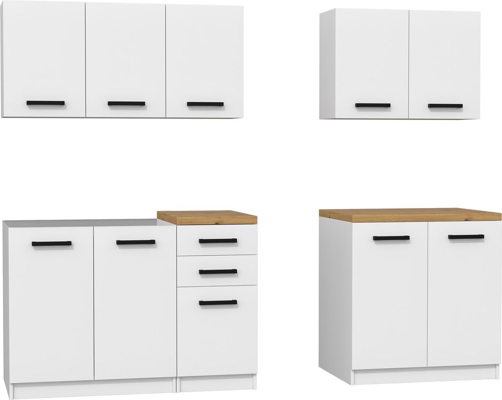 A set of modular kitchen cabinets and base units, presented in a clean, studio setting.