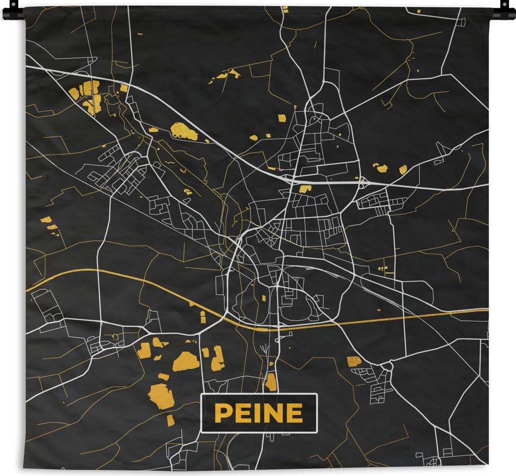 MuchoWow Wandteppich Wandbehang Deutschland - Schwarz und Gold - Peine - Stadtplan - Karte 90x90 cm Tapisserie Dekoration Wandtuch - Wandaufhänger
