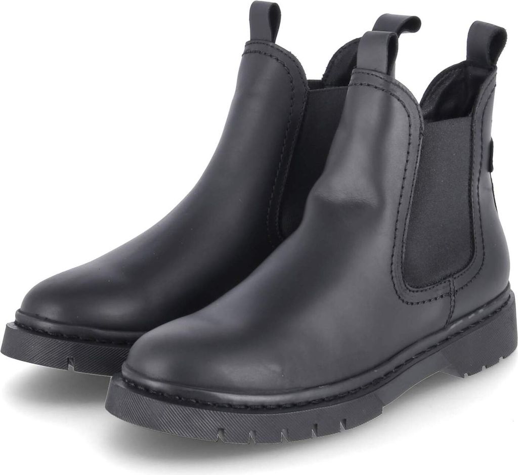A pair of black leather Chelsea boots are shown against a white background.