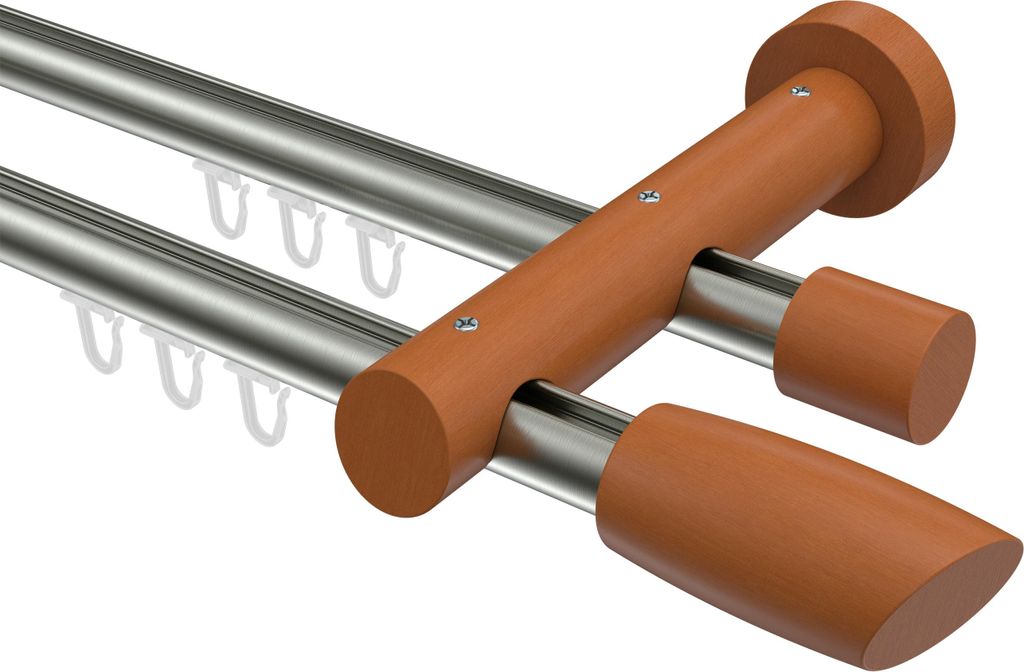 Interdeco Innenlaufstange / Gardinenstange mit Innenlauf Edelstahl-Optik / Kirschbaum lackiert, Typ Talent Etta (Ellipse Schräge), 20 mm Ø 2-läu...