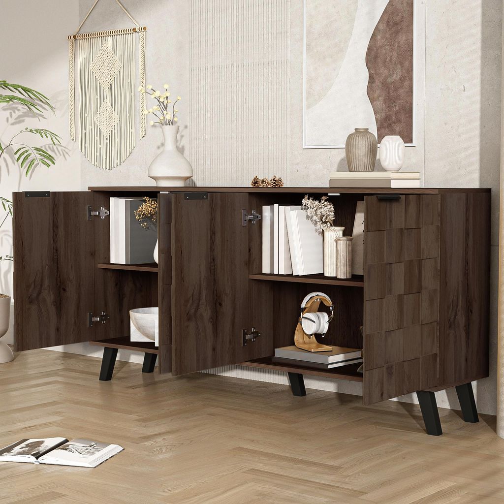 STILVORA Sideboard mit 4 Türen in dunkler Holzmaserung, Kommode mit verstellbaren Einlegeböden, Türen mit strukturierten geometrischen Muster