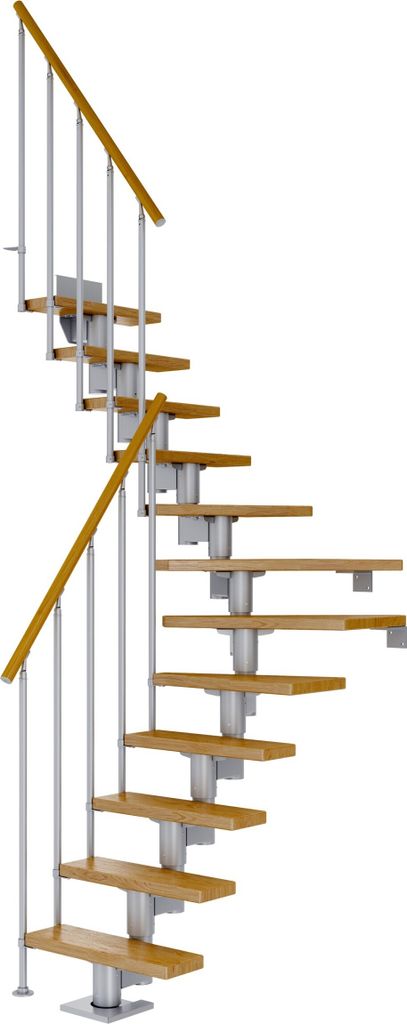 Dolle Mittelholmtreppe Dublin 1/4 gewendelt aus Eiche lackiert 71 cm breit für GH 259–315 cm UK Metall Perlgrau mit Einzelstabgeländer