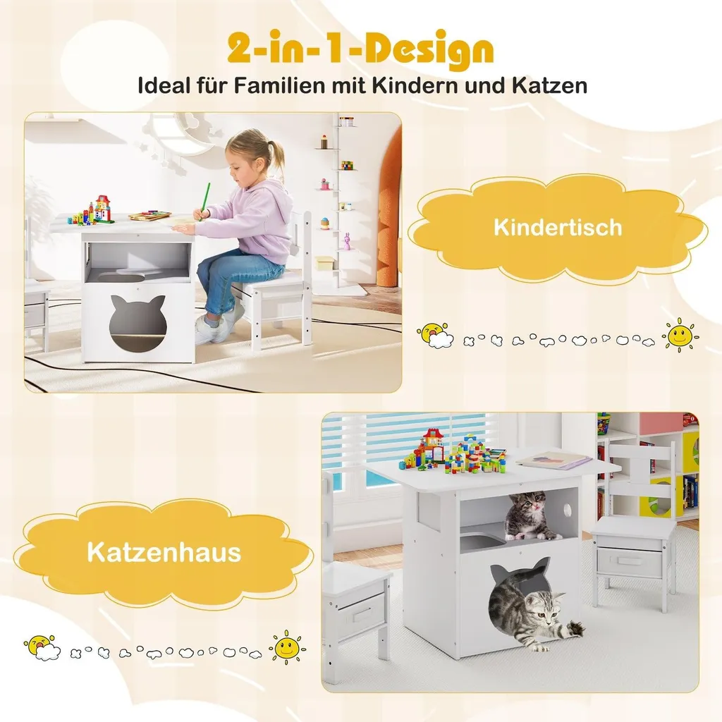 Ensemble table et chaises enfant avec maison chat et bacs rangement